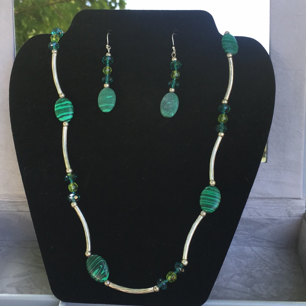 Green and silver necklace with matching earrings